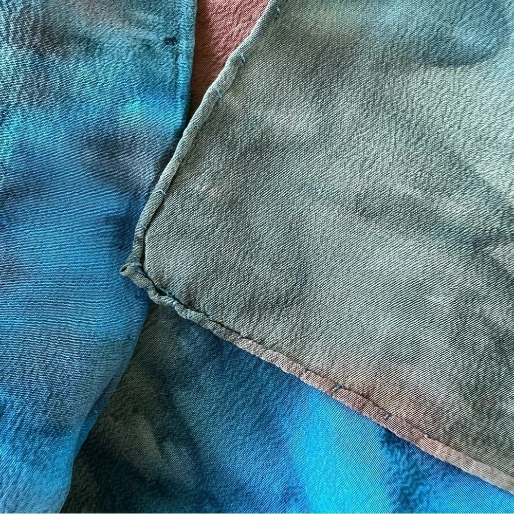 Vintage BYL 100% Silk Watercolor Scarf Hand Rolled Edges 31” x 34.5” Blue Green